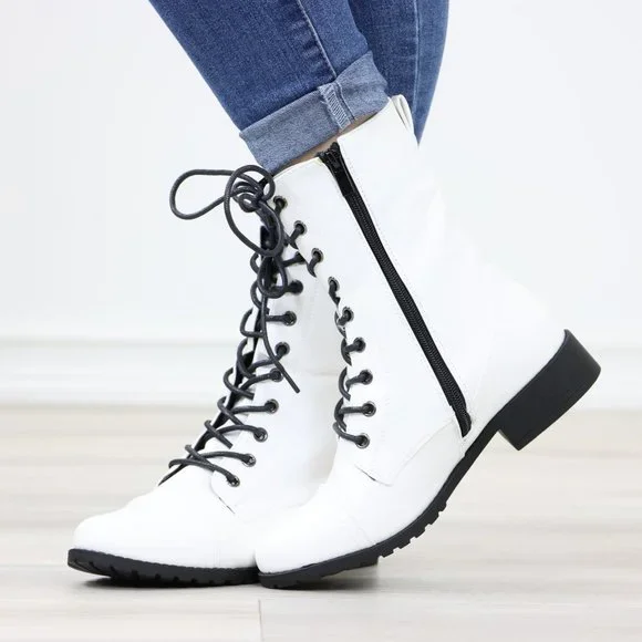 White Synthetic Leather Low Heel Round Toe Above Ankle Combat Boots - Picture 7 of 13